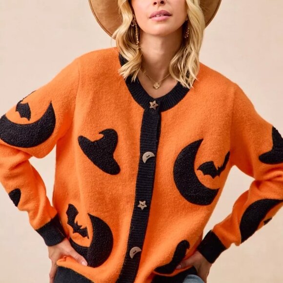 BiBi Halloween Witch Hat Moon Bat Artwork Cardigan‎ - Picture 4 of 16